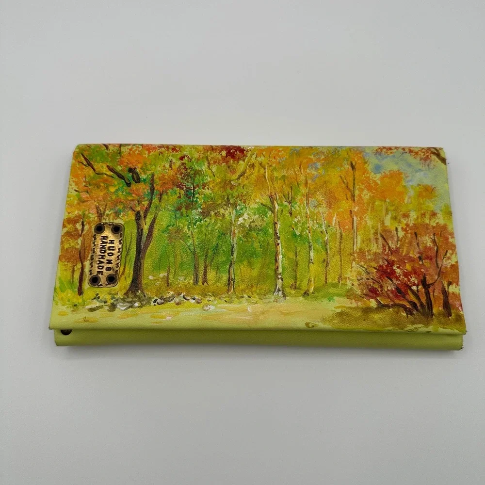 Huong Handmade Leather‎ Trifold Wallet Artisan Painted Nature Landscape Forest
